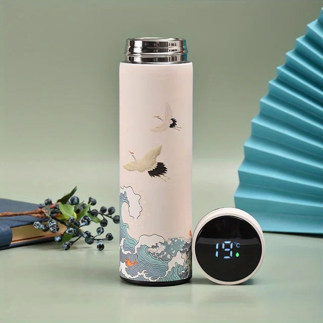 1Pc Chinese Style Thermal Water Bottle, Retro Smart Temperature Display Insulated Cup, Stainless Steel Water Cup