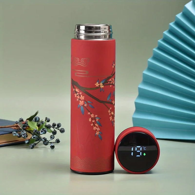 1Pc Chinese Style Thermal Water Bottle, Retro Smart Temperature Display Insulated Cup, Stainless Steel Water Cup